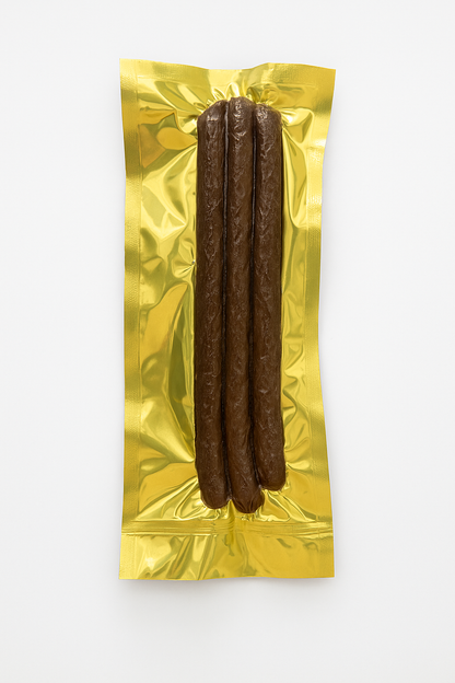 Three jumbo sausage dog treats packed in gold foil