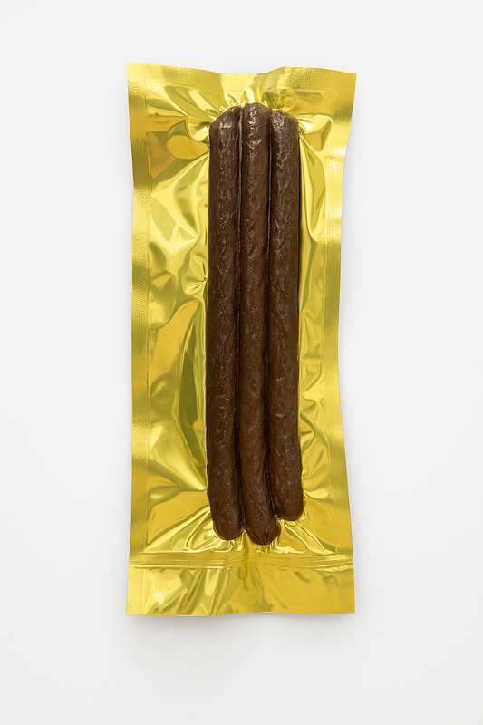 Three jumbo sausage dog treats packed in gold foil