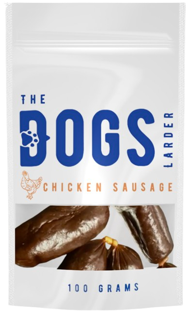 Packaging of The Dogs Larder Chicken Sausage dog treats, showing the product name and weight (100 grams).