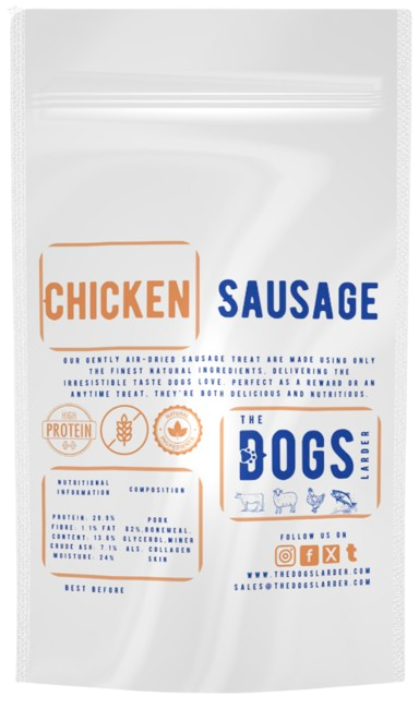 Packaging of The Dogs Larder Chicken Sausage dog treats, showing the product name, ingredients and description 
